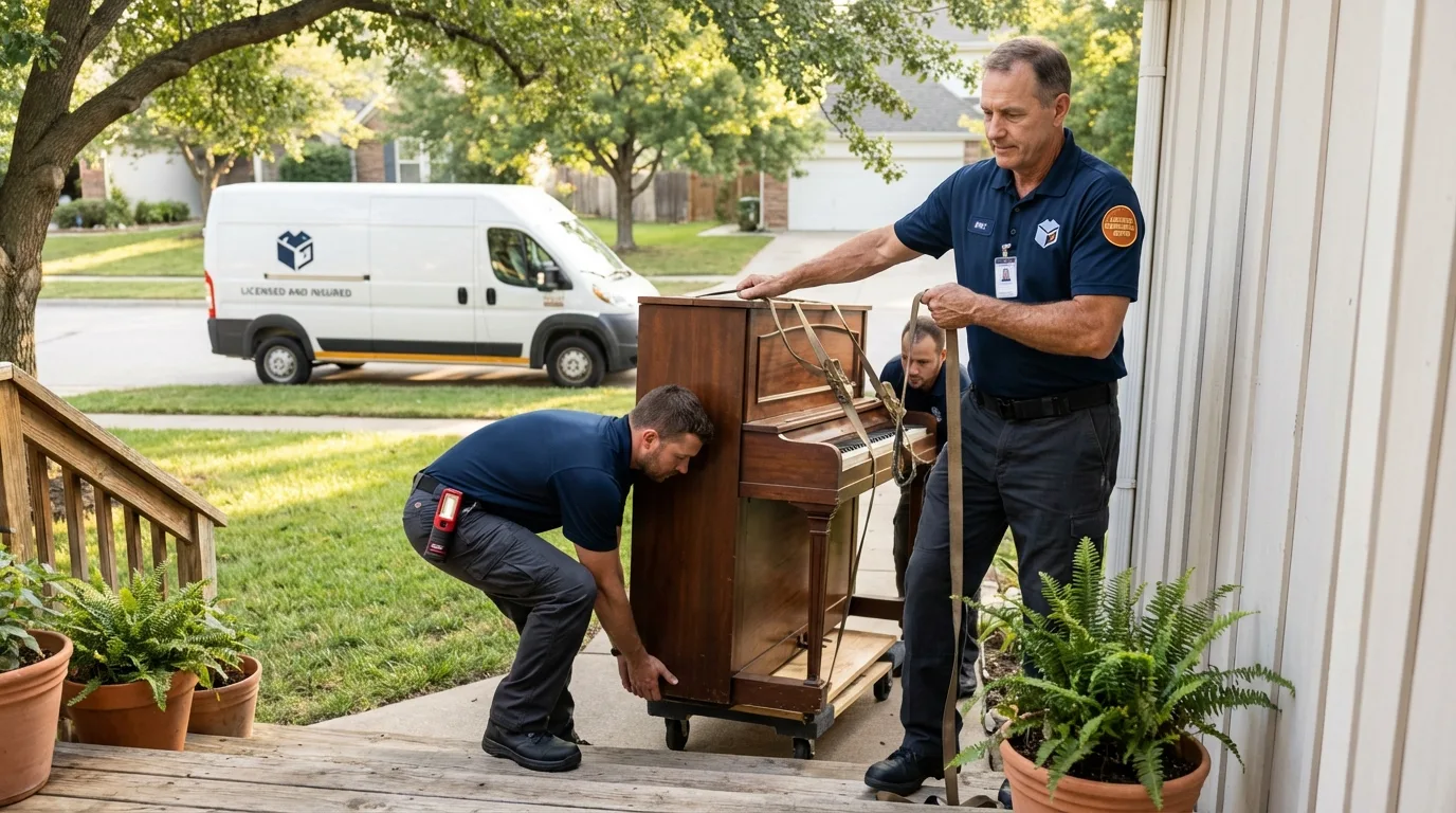 Licensed piano movers securing grand piano in Kentwood, LA