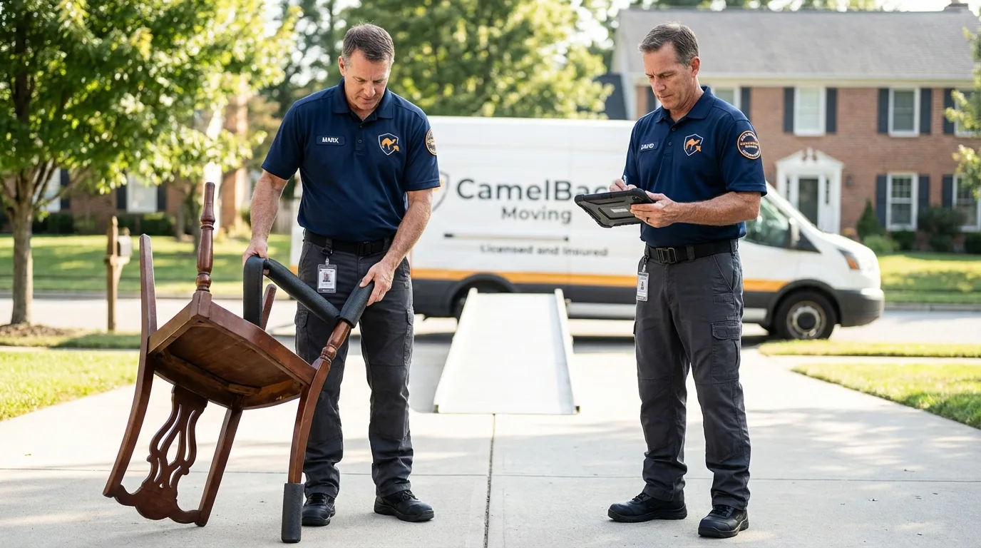 Movers inspecting furniture for damage prevention before loading in Kentwood, LA