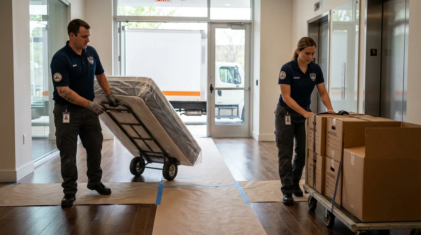 Professional apartment movers loading elevator in Kentwood, LA