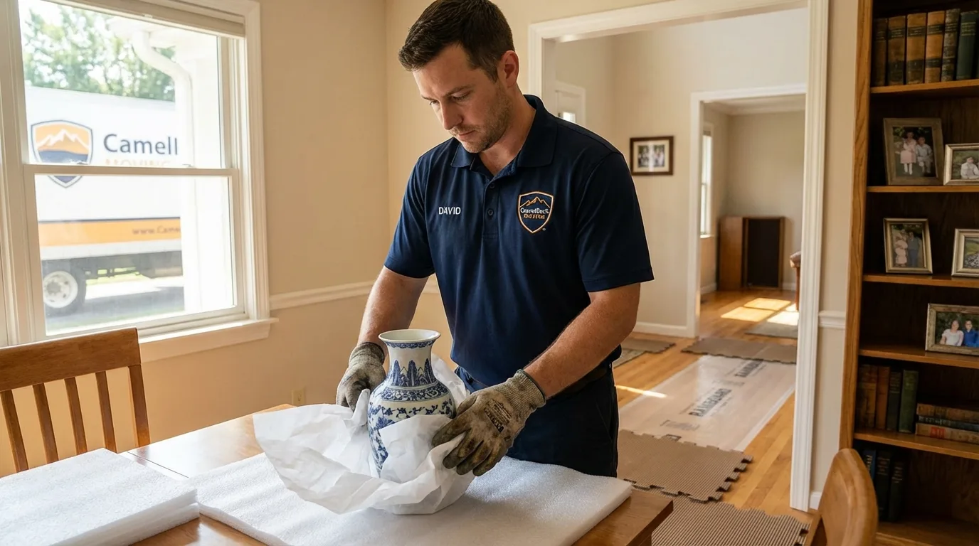 Professional crew carefully wrapping antique vase for senior downsizing move in Kentwood, LA
